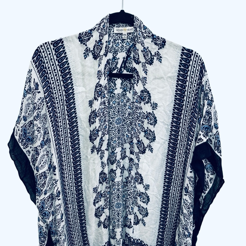 Woven Heart blue white boho kimono beach cover up flowy pool summer vacation - Picture 7 of 13